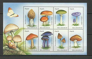 Ангола, 1999, Грибы, Бабочки, лист